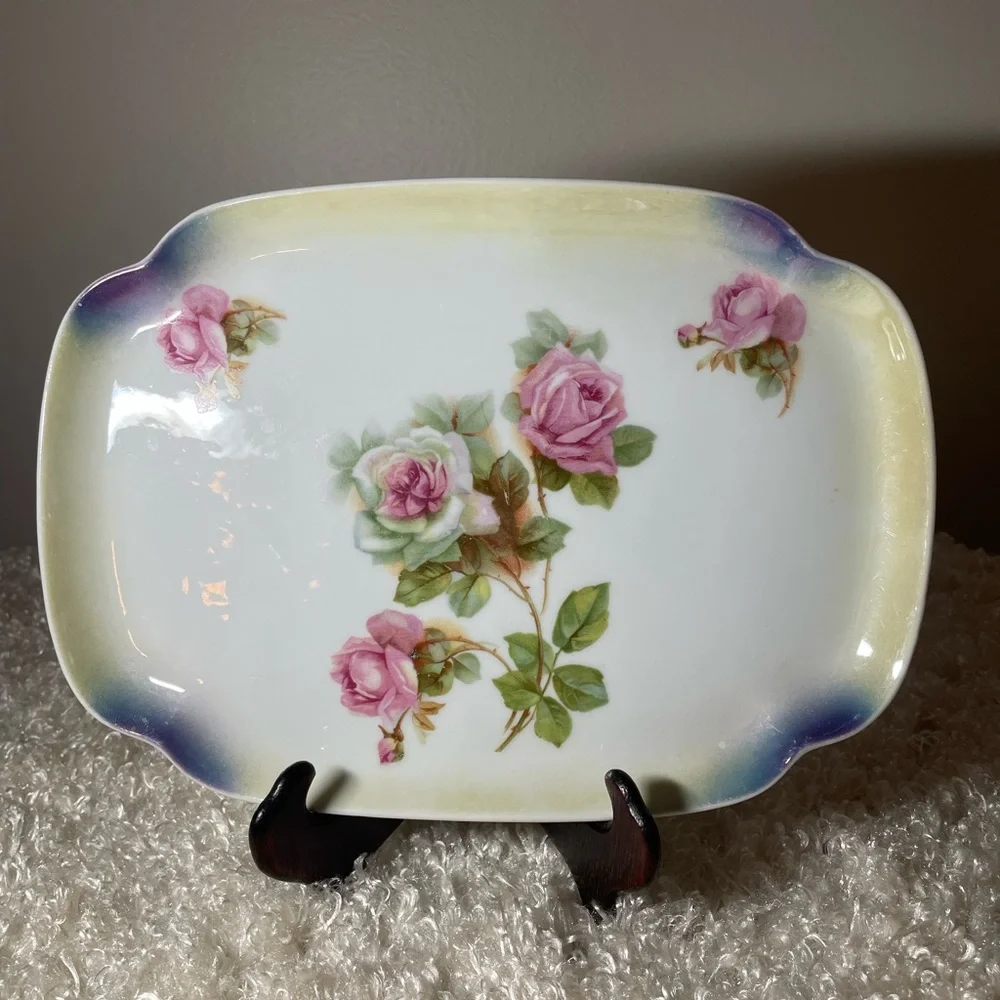 P K Silesia Pink Roses 10 Inch Dressing Table Tray Transferware Made in Germany